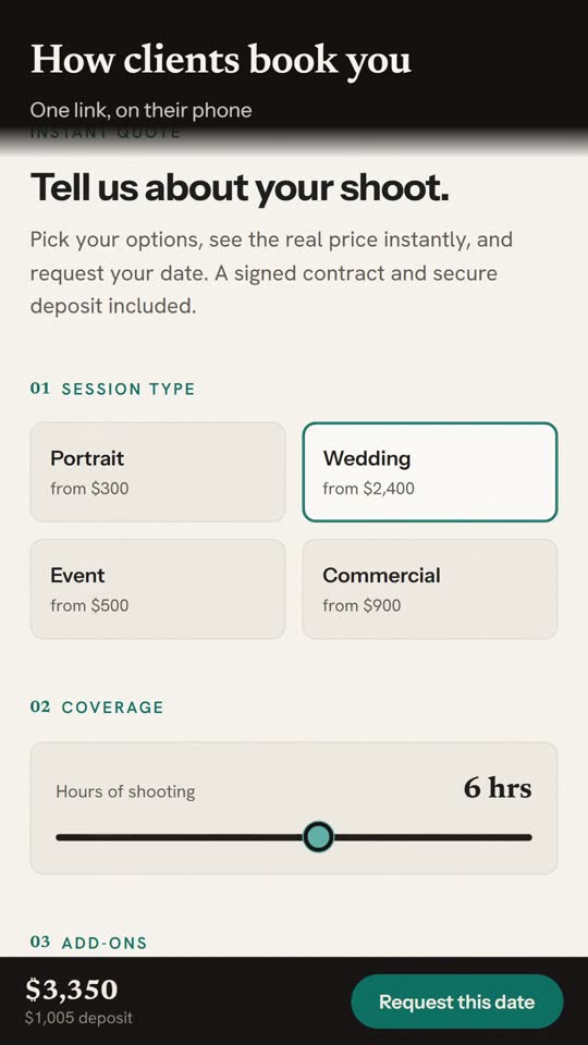 A BookNox booking page on a phone: the client picks a wedding package and 6 hours of coverage, and the quote shows $3,350 with a $1,005 deposit.